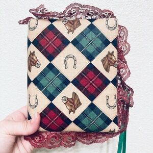 handmade, padded fabric photo album horse and horseshoe plaid maroon theme